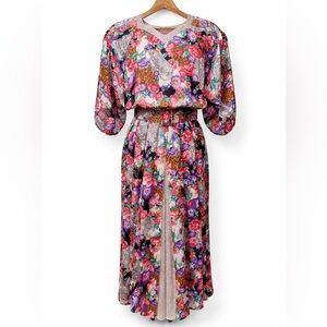 Diane Freis Vintage 100% Silk Floral Polka Dot Belted Elastic Fit & Flare Dress